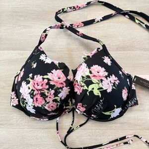 Victoria's Secret Black and Pink Floral Bikini Top 36C